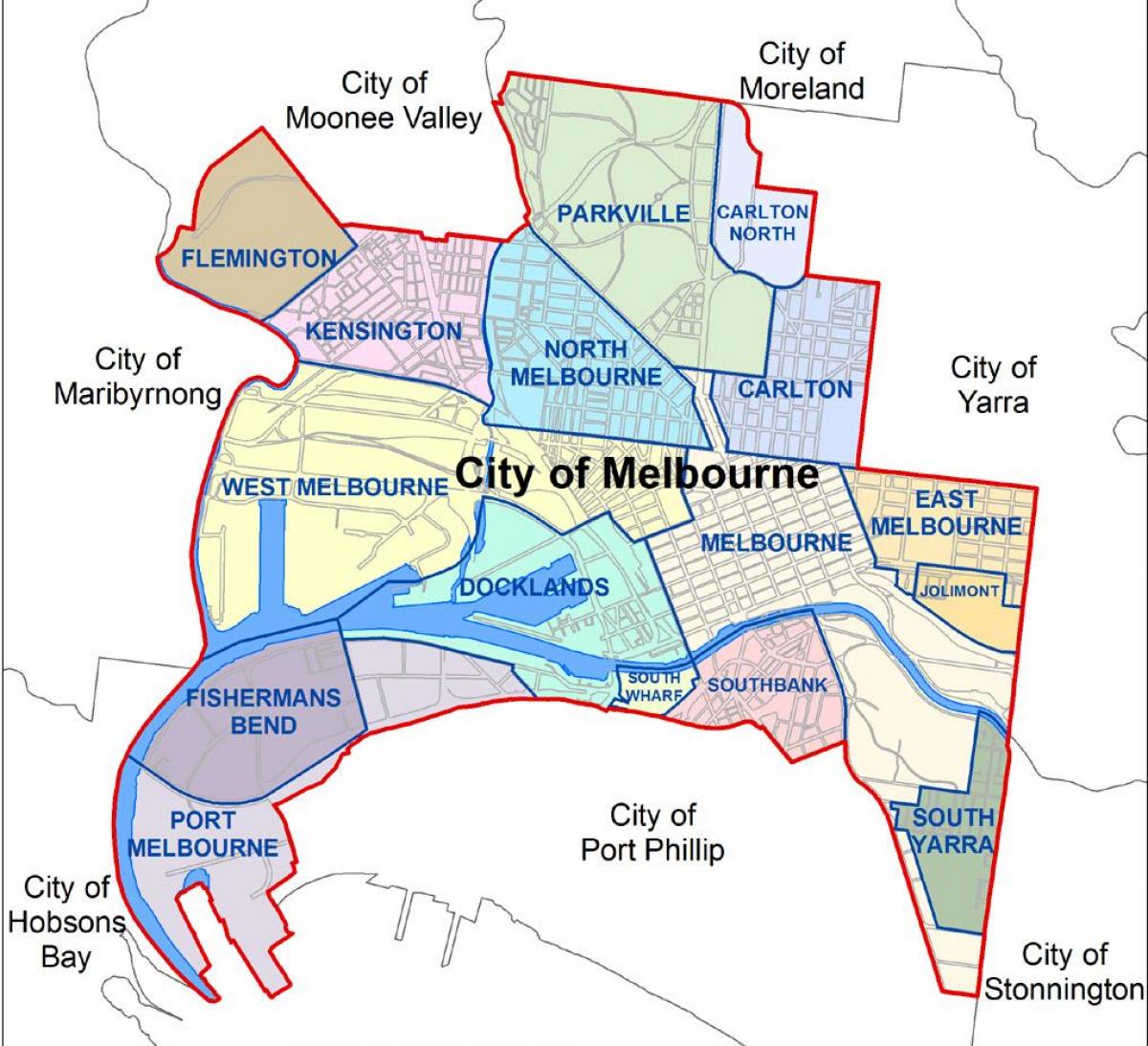 Melbourne haritası ve çevresindeki varoşlarda