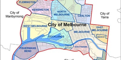 Melbourne haritası ve çevresindeki varoşlarda